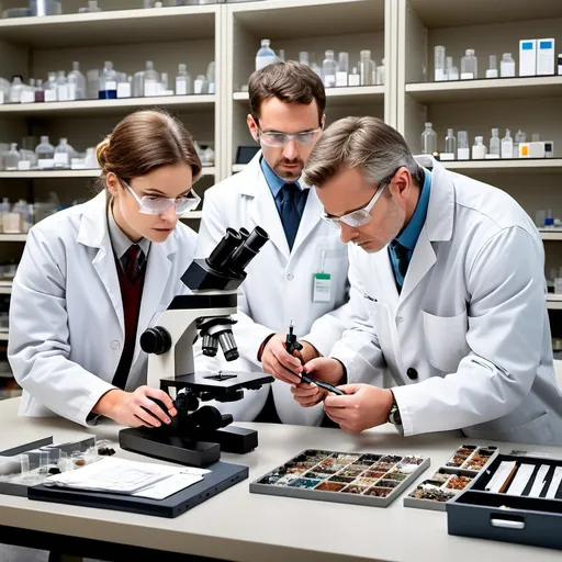 Prompt: "High-definition image of two professional inspectors in a laboratory, examining mineral samples. One inspector holds a sample under a microscope while the other takes notes on a clipboard. The background includes lab equipment and shelves filled with various mineral samples and testing apparatus."