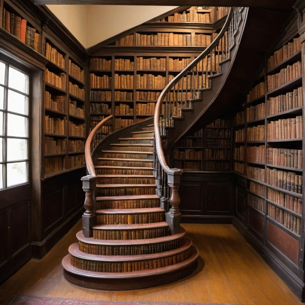 Prompt: a staircase made of antique, leather-bound books
