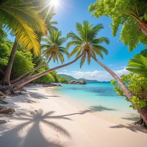 Prompt: Lush tropical island paradise, crystal clear waters, palm-lined white sandy beaches, vibrant coral reefs, high quality, vivid colors, tropical scenery, warm sunlight filtering through palm leaves,