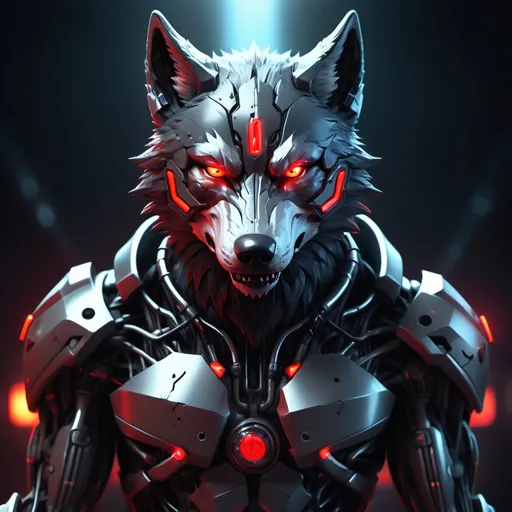 Prompt: (cyborg wolf), red eyes, fox ears, angry dog tail, empty skull, (intense glare), (futuristic metallic elements), (dark and moody atmosphere), shadowy background, highly detailed, (sinister vibe), vibrant contrasts of colors, striking textures, 4K quality, (emotionally charged representation of music hatred) make him stand like a human show the full body and head to toe zoomed out make his head amoured