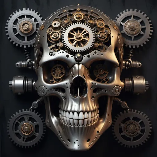 Prompt: (mechanically armoured skull), intricate mechanical details, futuristic design, metallic textures, glowing accents, dark and gritty ambiance, contrasting shadows, atmospheric lighting, ultra-detailed, steampunk elements, dramatic presentation, captures a sense of strength and innovation, against a subtle dark-toned background, perfect for a high-quality digital artwork.