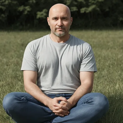 Prompt: "Create a realistic avatar of a 40-year-old man sitting beside an open field. He is 165 cm tall with curly Little hair on the head, almost bald. He is dressed casually in a t-shirt and jeans pants. The environment is natural and open, with gentle sunlight, grass in the background, and a relaxed, thoughtful expression on his face. His posture is calm, sitting with one knee up, hands resting comfortably."
