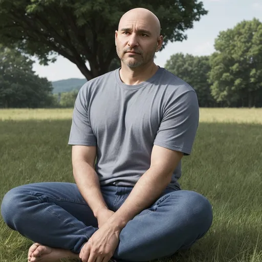 Prompt: "Create a realistic avatar of a 40-year-old man sitting beside an open field. He is 165 cm tall with curly Little hair on the head, almost bald. He is dressed casually in a t-shirt and jeans pants. The environment is natural and open, with gentle sunlight, grass in the background, and a relaxed, thoughtful expression on his face. His posture is calm, sitting with one knee up, hands resting comfortably."