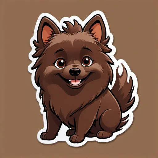 Prompt: a disney pixar medium sized, all dark chocolate brown, male japanese spitz with brown eyes, pointy upright ears, majestic brown chest mane and a brown tail carried on his back, with large smile, should be digital art style of disney, with a focus on character expressions, vibrant colors, and detailed textures that are characteristic