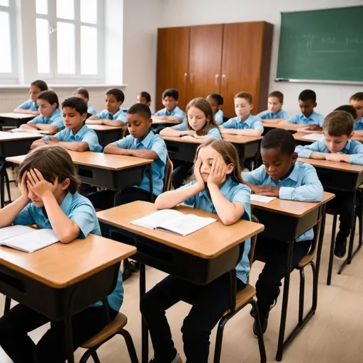 Prompt: A classroom with 10-year-old students, closed eyes, attending a course on emotional intelligence