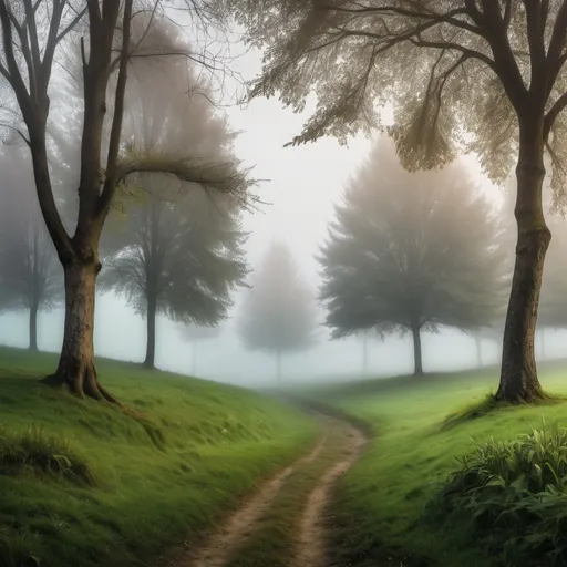 Prompt: beautyfull world with grass, trees and some fog