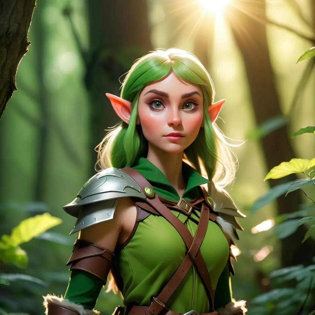 Prompt: Elf ranger in a mystical forest around sunlight