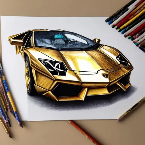 Prompt: A colored pencil drawing of a golden Lamborghini in natural light with vibrant colors
