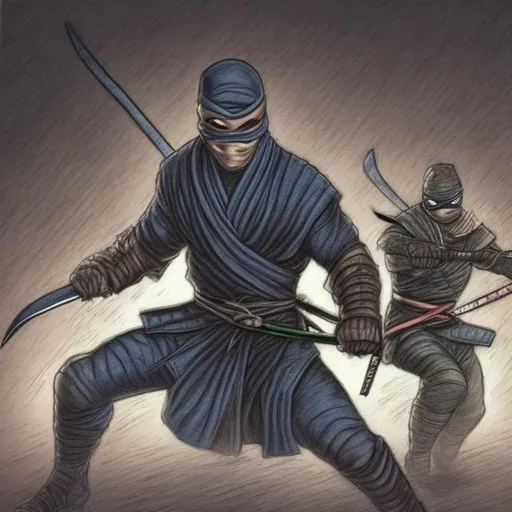 Prompt: Comic realistic colored pencil drawing of a realistic male ninja warrior with ninja star and a ninja sword at night
