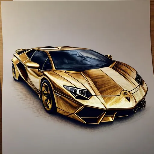 Prompt: A colored pencil drawing of a golden Lamborghini in natural light with vibrant colors
