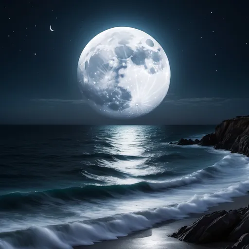 Prompt: a bright moonlit night with ocean in the background. the ocean needs to be reflective from the moon