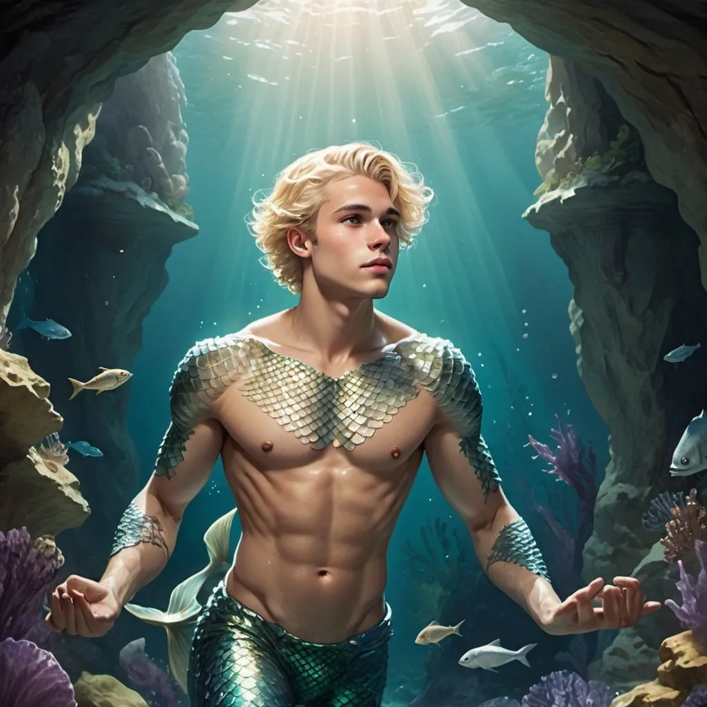 Prompt: Young merman with masculine jaw and chin bones, short blonde hair, fish scales on arms and chest, mermaid's tail, swimmers build, swimming in an underwater cavern, sunlight cascading throughout the water.