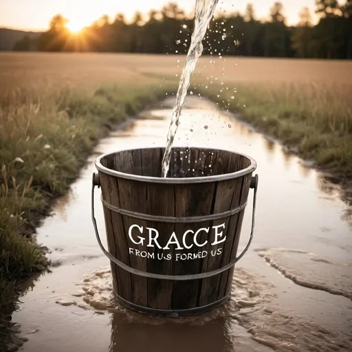 Prompt: Make a picture of an old wooden bucket with water poured from the sky and overflowing onto the ground around it as a picture of God’s grace poured out upon us, and it says from above live by grace