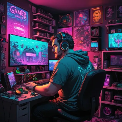 Prompt: a 250 pounds man wearing gamer earphones sitting at a desk in front of a gamer computer in a room with a lot of game related items on it and alot of neon art on the walls, Dan Mumford, pixel art