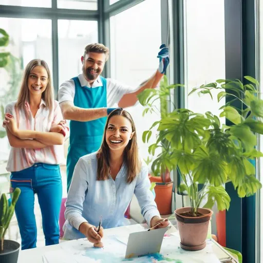 Prompt: create a paint with a man and a women working and smiling in a office with a window, a plant, during the day.