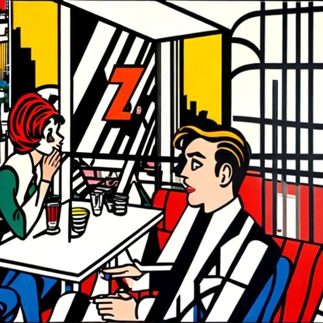 Prompt: pintura estilo Roy Lichtenstein: una oficina con gente charlando y tomando café, muchas letras "z"