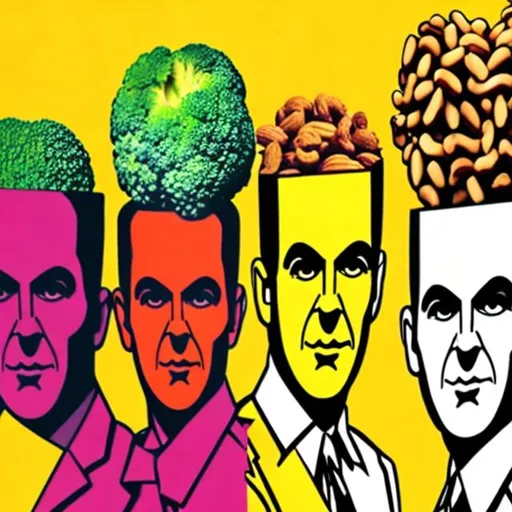 Prompt: Create a pop art-style painting with an office where people have nuts and broccoli instead of heads.