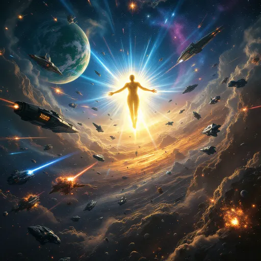 Prompt: > “An immense, hyper-realistic space battlefield in Full HD, framed by a swirling galaxy with vivid blue and purple nebulas and distant stars twinkling like diamonds. Two great armadas—one bearing glowing blue emblems on sleek human cruisers and agile fighters, the other marked by red sigils on battered alien dreadnoughts and heavy gunships—clash in a storm of laser beams and plasma torpedoes. At the center hovers a majestic, ethereal Superior Being—the Peacemaker—bathed in soft golden light, arms outstretched as ripples of calming energy spread through the chaos, dimming weapon fire and stabilizing shields on both sides. A vibrant planet looms in the background, its swirling atmosphere of green and white clouds partially illuminated by the glow of nearby explosions. Gigantic war robots drift among debris fields, their ion cannons momentarily powered down by the Peacemaker’s influence. Explosions cast reflections on asteroids and scattered hull fragments, while trails of ion engines crisscross the void. The composition is cinematic and dynamic, with ultra-detailed textures on every hull plating and robotic joint, deep contrast, and dramatic lighting that underscores the epic conflict, the hope of peace, and the planetary backdrop.”
