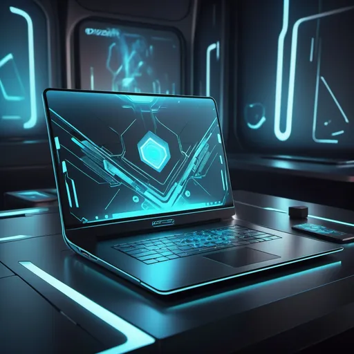 Prompt: futuristic laptops in 2024, sleek and innovative designs, (high-tech) features, (vibrant color schemes), glowing interfaces, reflections on metallic surfaces, futuristic ambiance, dynamic lighting, minimalistic workspace setting, ultra-detailed, cutting-edge technology, (trending), modern aesthetics, digital art style.