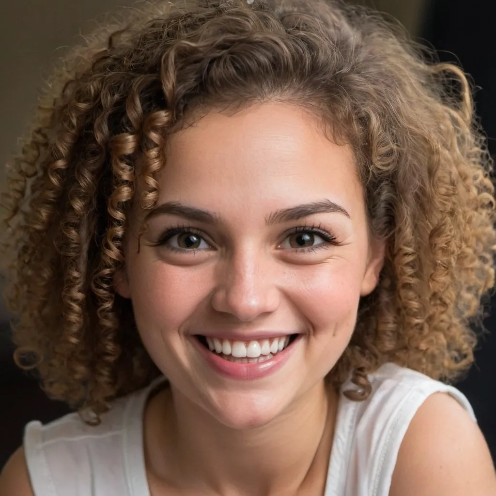 Prompt: Woman, baby face, curly hair, wicked smile