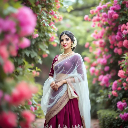 Prompt: Standing gracefully against a backdrop of lush greenery and vibrant flowers, a woman poses in a stunning traditional attire that features a rich burgundy skirt embellished with intricate white patterns along the hem, complemented by a translucent white sari draped elegantly around her shoulders. Her outfit, accentuated with a beautifully embroidered purple blouse, highlights her poised demeanor, while a delicate flower adorns her hair, adding a touch of charm. The setting is bathed in soft, natural light, with a serene atmosphere that suggests an outdoor garden, enriched by the blooming foliage surrounding her. The overall image conveys a sense of grace and cultural elegance, capturing a moment of beauty in nature.