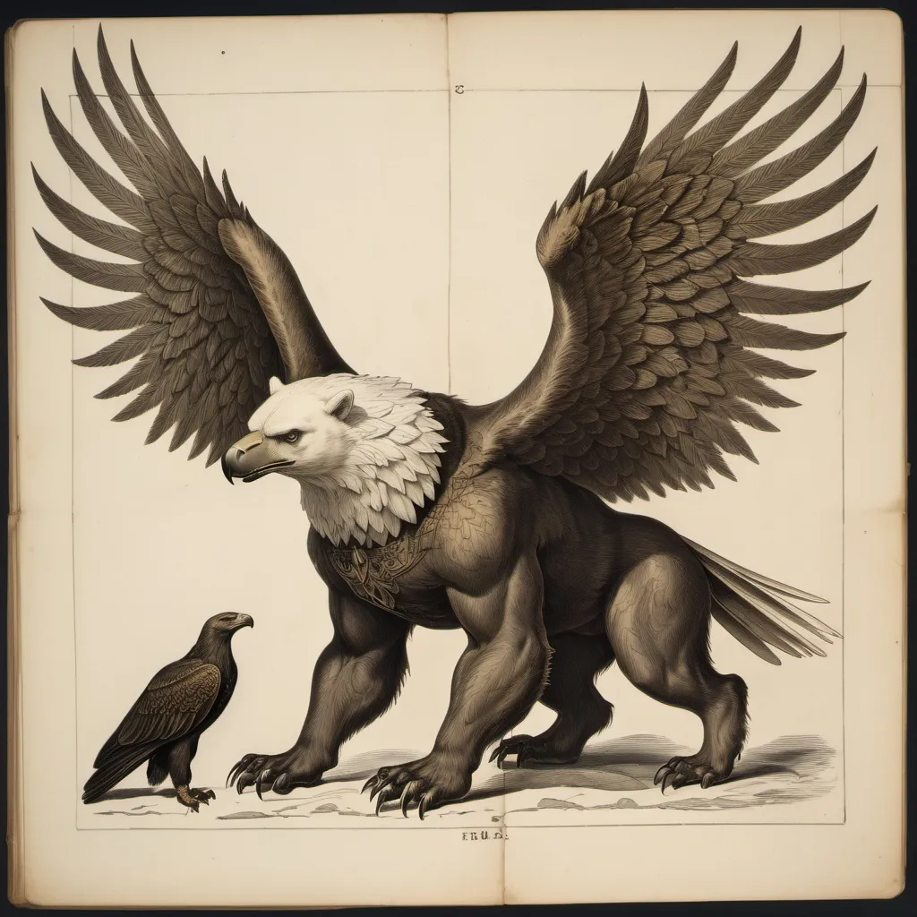 Prompt: a mythical creature with the body, tail, and hind legs of a bear, and the head, wings, and talons of an eagle