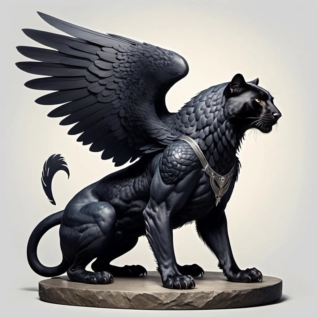 Prompt: a mythical creature with the body of a panther with wings and head of a raven