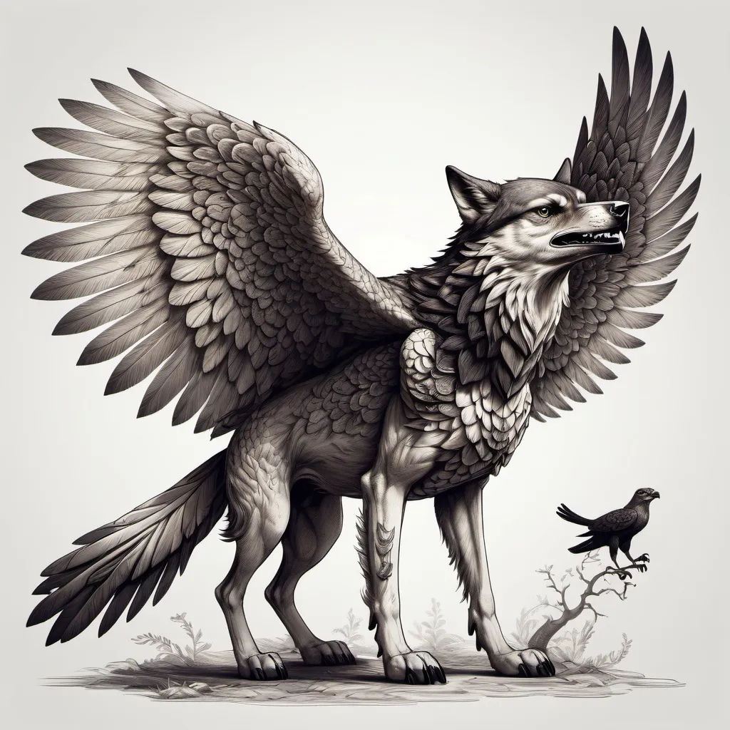 Prompt: a mythical creature with the body of a wolf with wings and head of a bird falcon