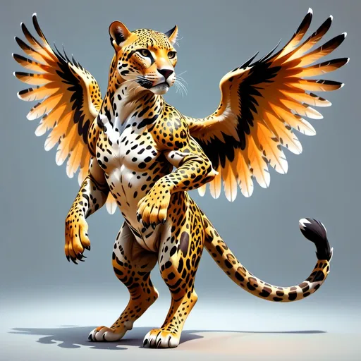 Prompt: a mythical creature with the body, tail, and hind legs of a jaguar, and the head, wings, and front legs of a bird