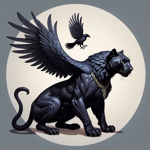 Prompt: a mythical creature with the body of a panther with wings and head of a raven