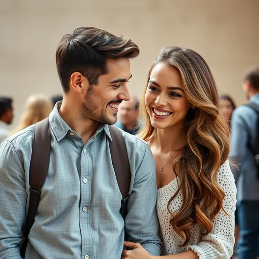 Prompt: A super photo realistic image of a couple who are alightly smiling, very confident background a people admiring them with gealousy 