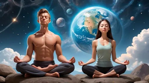 Prompt: Imagine a couple meditating, and listening to the universe . The scene in which they meditate should be the umiverse itself