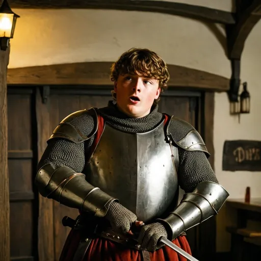 Prompt: Short, portly, Medieval knight holding a sword in a tavern.