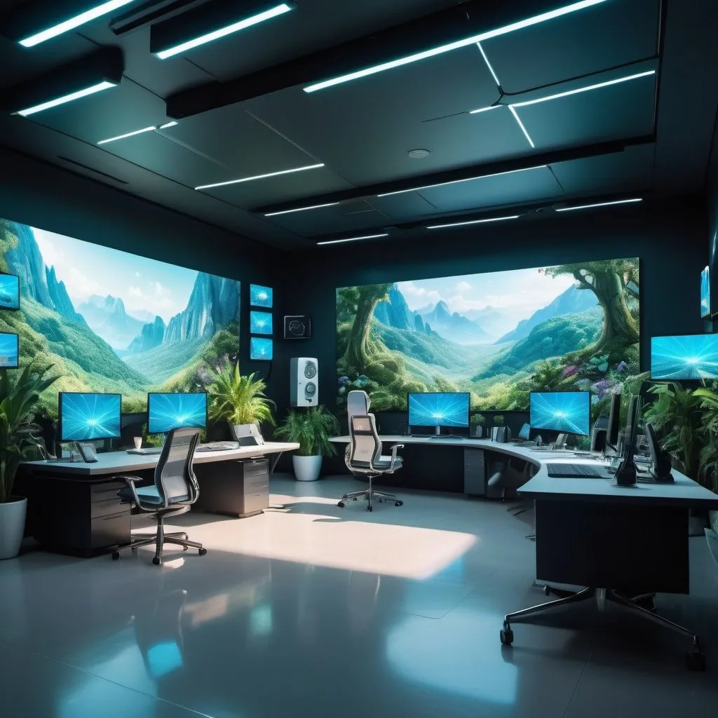 Prompt: an extremely luxurious and very VERY large and wide multi-function office and leisure room, ultra futuristic, ultra modern gadgets and screens, very colorful, large windows, over saturated color, bright, quirky and weird, unusual, unique, nice balance of plants, futuristic holographic displays, uncluttered, stunning, cinematic quality, UHD 8k, cinematic, spectacular, functional, feng shui, --ar 16:9 --v 6.0 --s 222