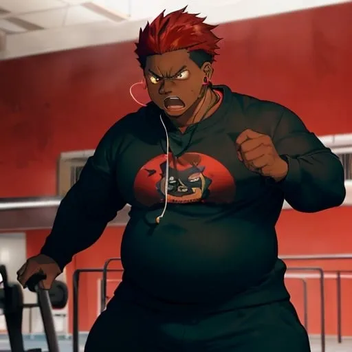 Prompt: 1 black young man, fat, chubby, dark skin, red dyed hair, bright red hair, short hair, black sweatshirt, earphones, angry expression, charming, cute, background:Gym