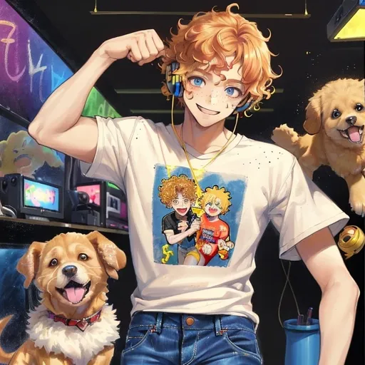 Prompt: 1 young man, gamer, smiling, sweet, strawberry blonde curly hair, dancing, headphones, puppy eyes, ADHD, stim toy, dancing, golden retriever t-shirt, light wash skinny jeans, freckles, colorful marker drawing on the arms, 2d, romantic, cute boy,