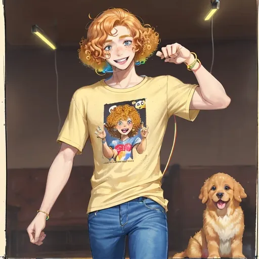 Prompt: 1 young man, gamer, smiling, sweet, strawberry blonde curly hair, dancing, headphones, puppy eyes, ADHD, stim toy, dancing, golden retriever t-shirt, light wash skinny jeans, freckles, colorful marker drawing on the arms