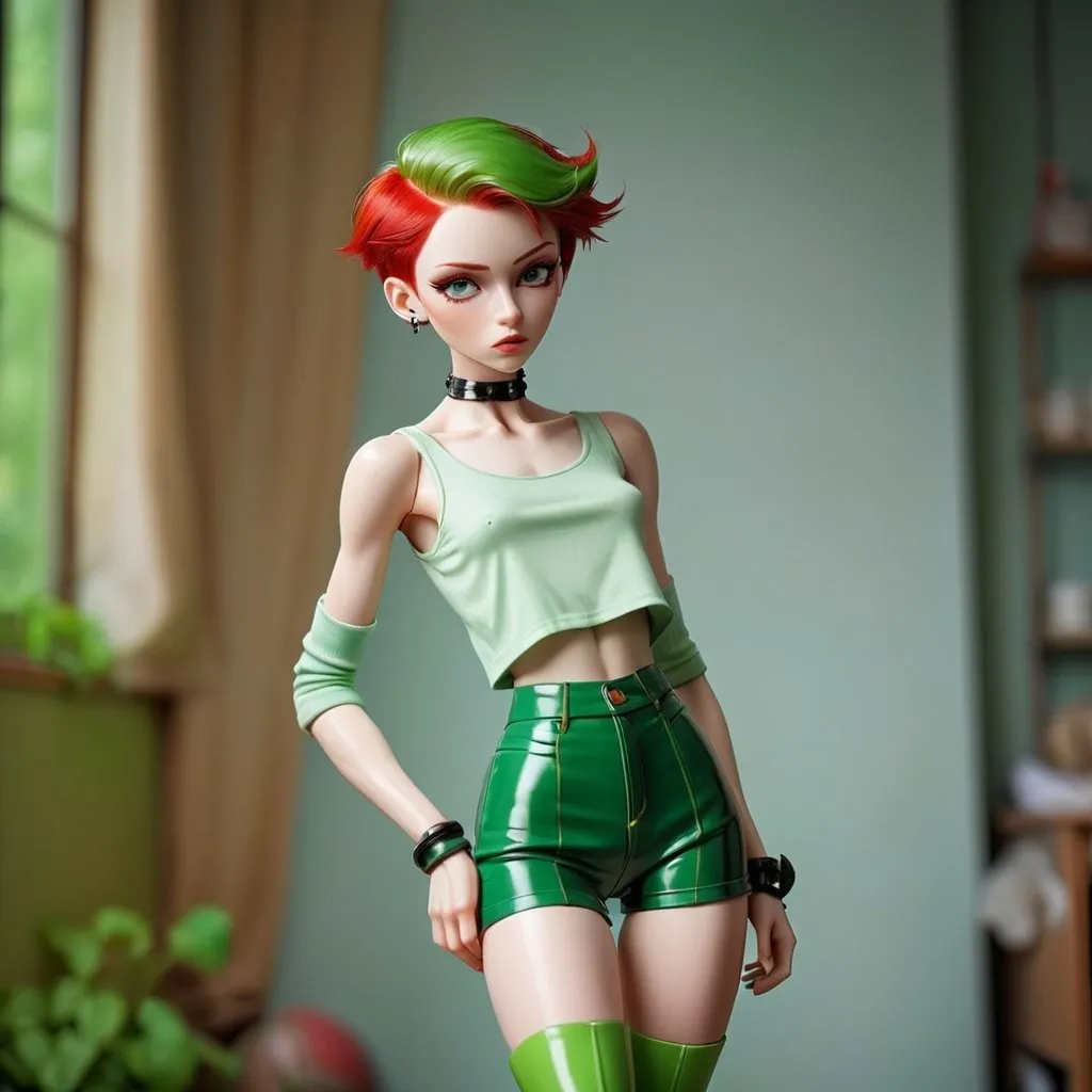 Prompt: 1 young man, androgynous, short clothes, ball joints, doll, short bright red hair, glossy green yes, sensual clothes, sensual pose, crop top, tight high, high heeled boots, porcelain skin