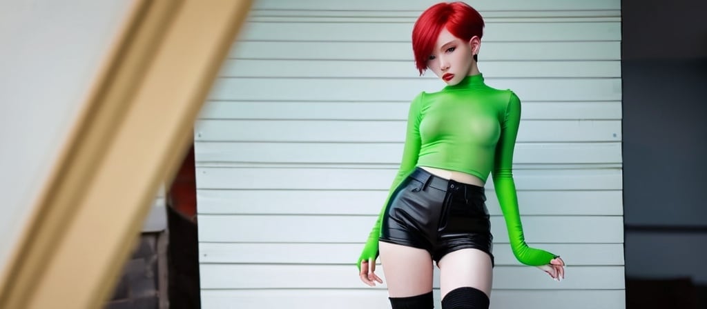 Prompt: 1 young man, androgynous, short clothes, ball joints, doll, short bright red hair, glossy green yes, sensual clothes, sensual pose, crop top, tight high, high helled boots, porcelain skin