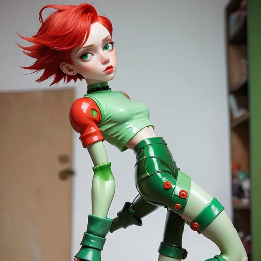 Prompt: 1 young man, androgynous, short clothes, ball joints, doll, short bright red hair, glossy green yes, sensual clothes, sensual pose, crop top, tight high, high helled boots, porcelain skin