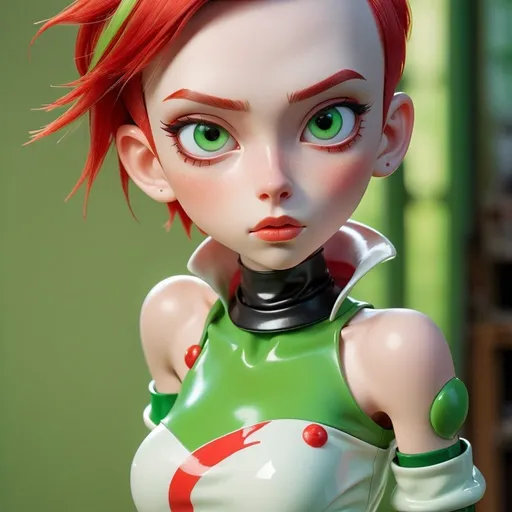 Prompt: 1 young man, androgynous, short clothes, ball joints, doll, short bright red hair, glossy green yes, sensual clothes, sensual pose, crop top, tight high, high heeled boots, porcelain skin, male, flat chest