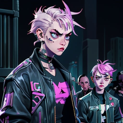 Prompt: 1 anthropomorphic rat, punk clothes, piercings, earrings, young, androgynous, gen Z outfit, punk battle jacket, pins and bottoms, patches, angry expression, cute, cyberpunk aesthetic 