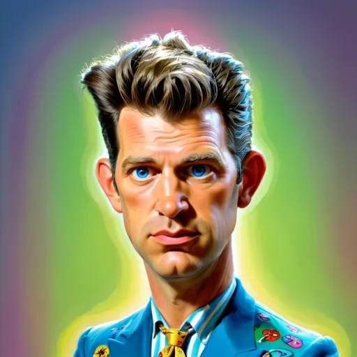 Prompt: Cartoon painted caricature of Chris Isaak, acrylic painting, exaggerated features, vibrant and bold colors, expressive eyes, retro vibe, high quality, professional caricature, vibrant palette, bold outlines, exaggerated expression, vintage-inspired, artistic brushstrokes