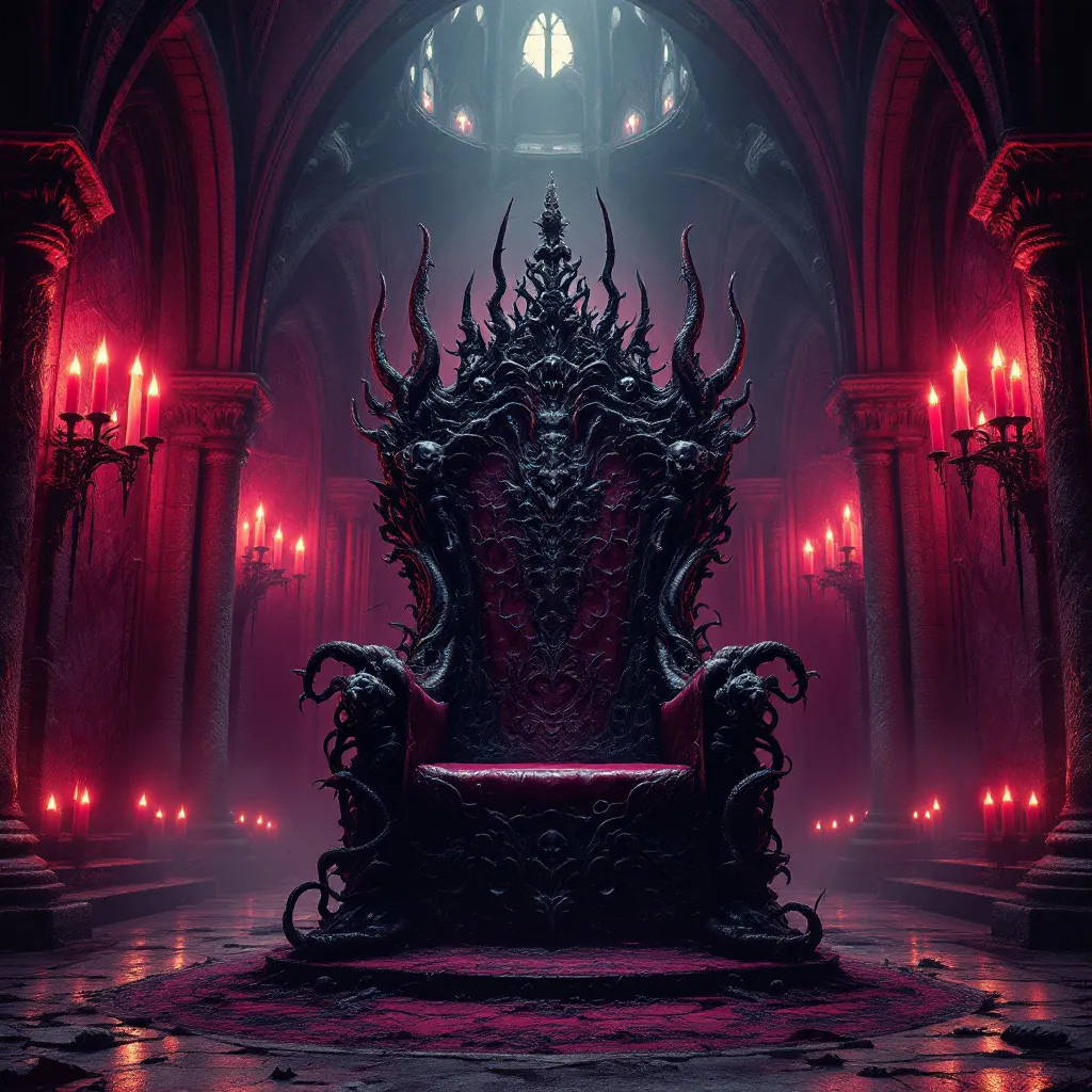 Prompt: demonic throneroom, striking pink and black color palette, ominous and shadowy ambiance, elaborately detailed throne with dark, twisted designs, foreboding atmosphere, gothic architecture, flickering candlelight casting eerie shadows, intricate textures on walls, 4K ultra-detailed, captivating and intense, evokes a feeling of dark power and intimidation.