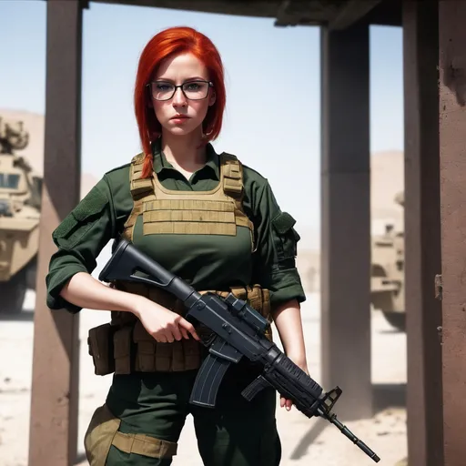 Prompt: (masterpiece), best quality,
(( Caucasian female with
Glasses))

Red hair military fatigues, battle armor, AK-47, looking tired


