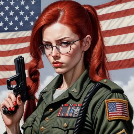 Prompt: Caucasian with blood red hair,  woman with glasses abd a ponytail in military uniform holding a gun larry elmore  style. Hyperrealistic