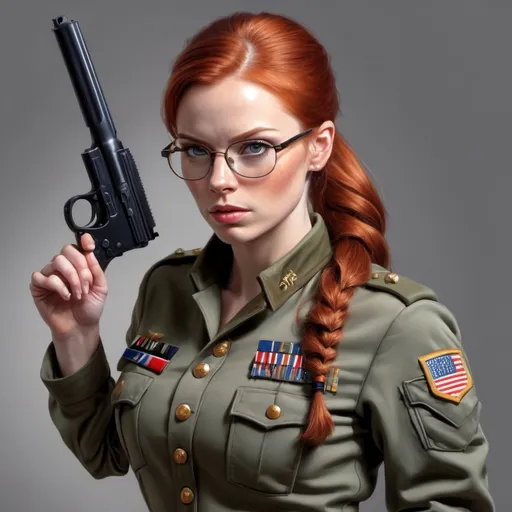 Prompt: Caucasian redhead woman with glasses abd a ponytail in military uniform holding a gun clyde caldwell style. Hyperrealistic