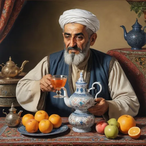 Prompt: a painting of a marocain old man pouring a drink into a glass with a teapot on it and a plate with fruit on it, Bouchta El Hayani, qajar art, extremely detailed oil painting, egyptian art