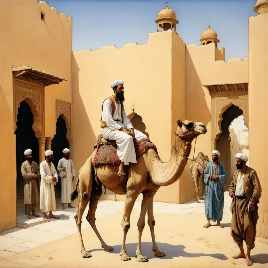 Prompt: a painting of a arabic man on a camel in a courtyard with other people around him and a man on a camel, Charles Maurice Detmold, american scene painting, orientalism, an oil painting