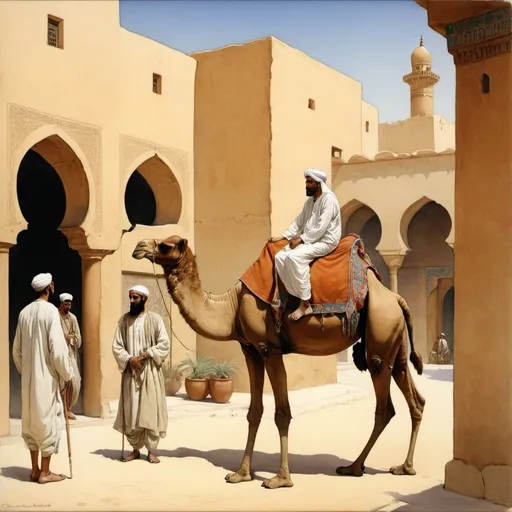Prompt: a painting of a arabic man on a camel in a courtyard with other people around him and a man on a camel, Charles Maurice Detmold, american scene painting, orientalism, an oil painting